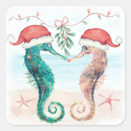 Seepferd Santa Coastal Weihnachten Kiss Beach Quadratischer Aufkleber