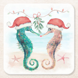 Seepferd Santa Coastal Weihnachten Kiss Beach Rechteckiger Pappuntersetzer