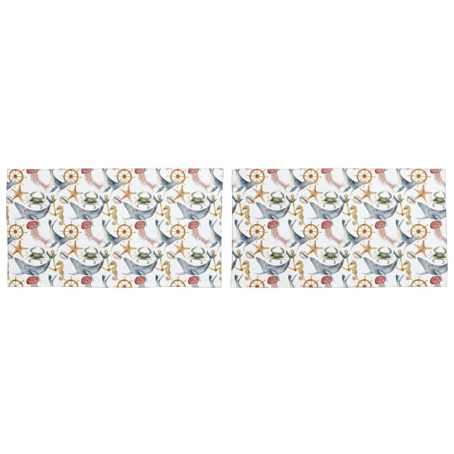 Seepferd, Schiffe Rad, Wale, Krebse, Seeteufel Kissenbezug (Vorderseite-Set)