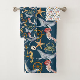 Seepferd, Schiffrad, Wale, Krebse, Starfish Blau Badhandtuch Set
