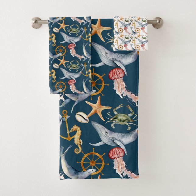 Seepferd, Schiffrad, Wale, Krebse, Starfish Blau Badhandtuch Set (Insitu)
