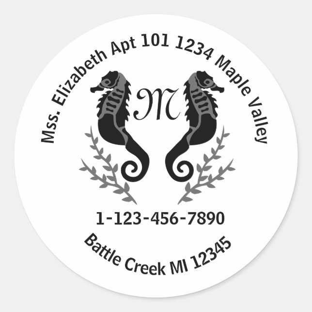 Seepferd Silhouette Monogram Phone Kontaktinformat Runder Aufkleber (Vorderseite)