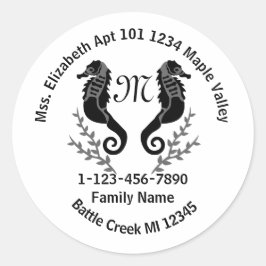 Seepferd Silhouette Monogram Zuhause-Adresse Runder Aufkleber