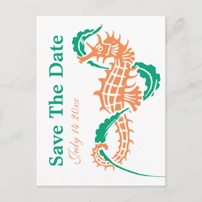 Seepferd Smarald, Korallenhochzeit Save the Date Ankündigungspostkarte (Vorderseite)