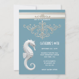 Seepferd Sommerstrand Geburtstag blau weiß Einladung