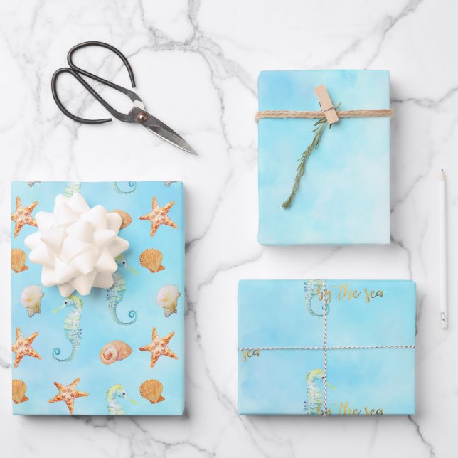 Seepferd Starfish Muscheln Peach Aqua     Geschenkpapier Set (Vorderseite)