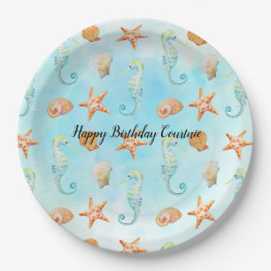 Seepferd Starfish Muscheln Peach Aqua Pappteller