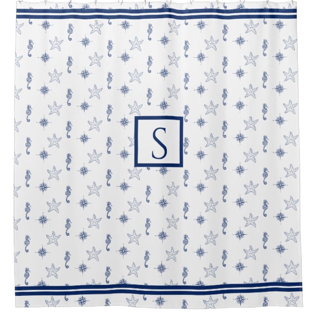 Seepferd Starfish Navy Blue Duschvorhang (Vorderseite)