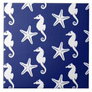 Seepferd u. Starfish - Marineblau und -WEISS Fliese