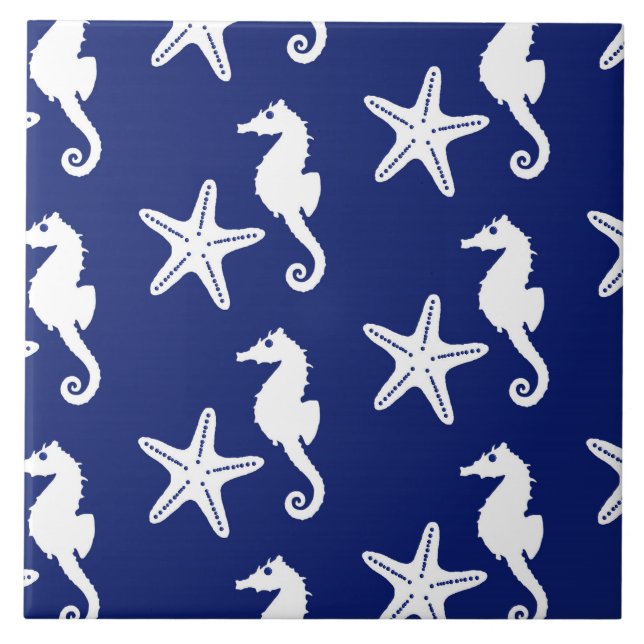 Seepferd u. Starfish - Marineblau und -WEISS Fliese (Vorderseite)