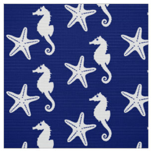Seepferd u. Starfish - Marineblau und -WEISS Stoff