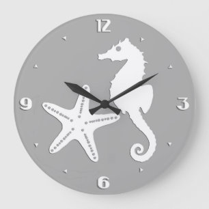 Seepferd u. Starfish - Weiß auf silbernem Grau Große Wanduhr