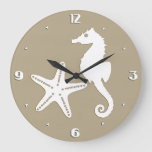 Seepferd u. Starfish - Weiß auf Taupe Tan Große Wanduhr