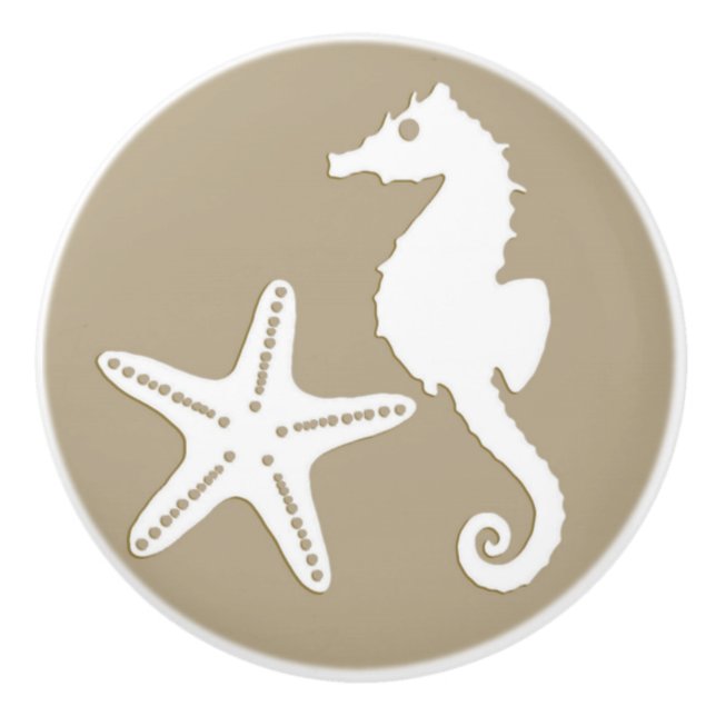 Seepferd u. Starfish - Weiß auf Taupe Tan Keramikknauf (Vorderseite)
