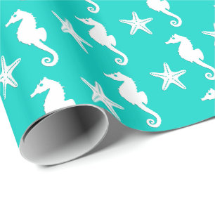 Seepferd u. Starfish - Weiß auf Türkis Geschenkpapier