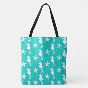 Seepferd u. Starfish - Weiß auf Türkis Tasche
