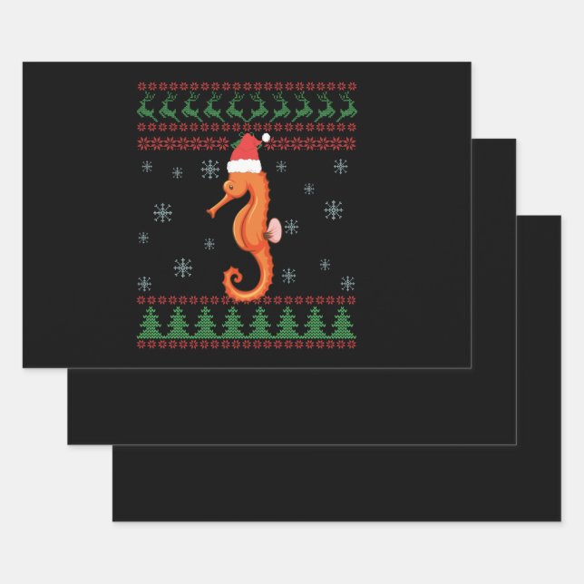Seepferd Ugly Christmas Sweater Funny Sea Fish Geschenkpapier Set (Set)