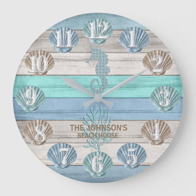 Seepferd und Beach Wood Nautical - Blau Aquamarin Große Wanduhr (Vorderseite)