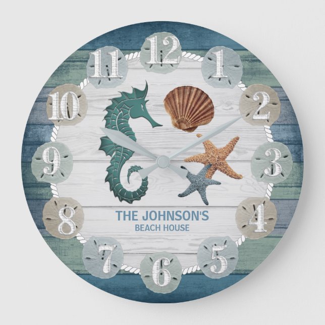 Seepferd und Beach Wood Nautical - Dunkelblau Aqua Große Wanduhr (Vorderseite)