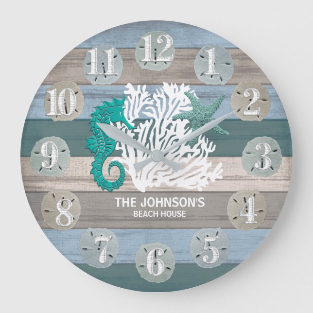 Seepferd und Beach Wood Nautical - Dunkelblau Aqua Große Wanduhr (Vorderseite)