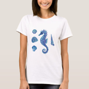 Seepferd und Muscheln (blau und türkis) T-Shirt