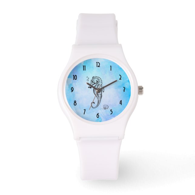 Seepferd und Seashell auf blauer Wasserfarbe Armbanduhr (Vorderseite)