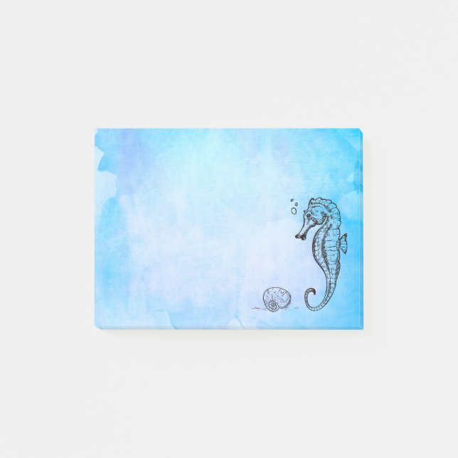 Seepferd und Seashell auf blauer Wasserfarbe Post-it Klebezettel (Vorderseite)
