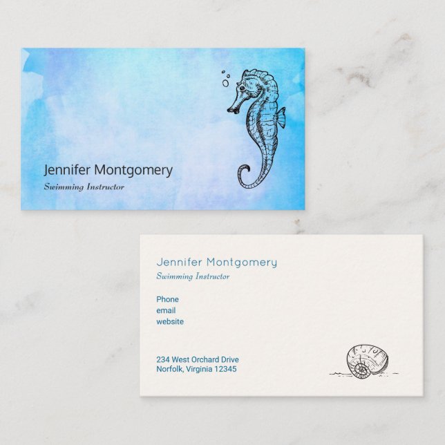 Seepferd und Seashell über blaues Wasser - Wasserf Visitenkarte (Vorne/Hinten)