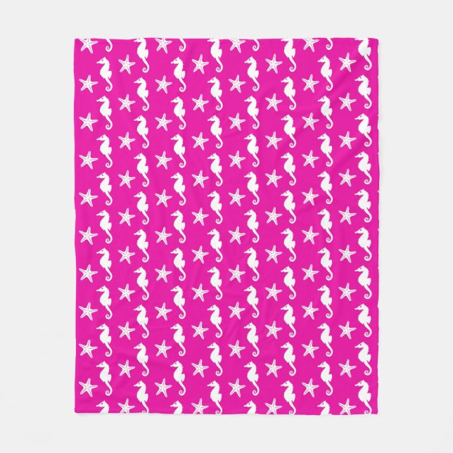 Seepferd und Seestern, weiß auf Fuchsienrosa Fleecedecke (Vorderseite)