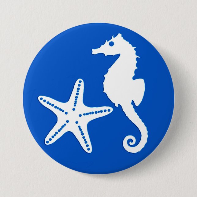 Seepferd und Seestern, weiß auf Kobaltblau Button (Vorderseite)