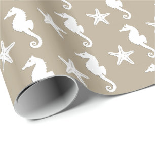Seepferd und Seestern - weiß auf Taubtan Geschenkpapier