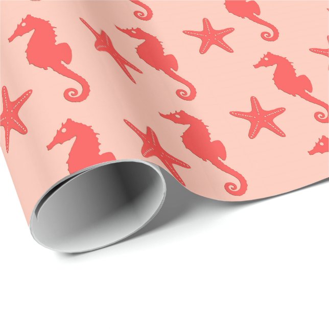 Seepferd und Seesterne - Korallenfarben Geschenkpapier (Rolleneckpunkt)