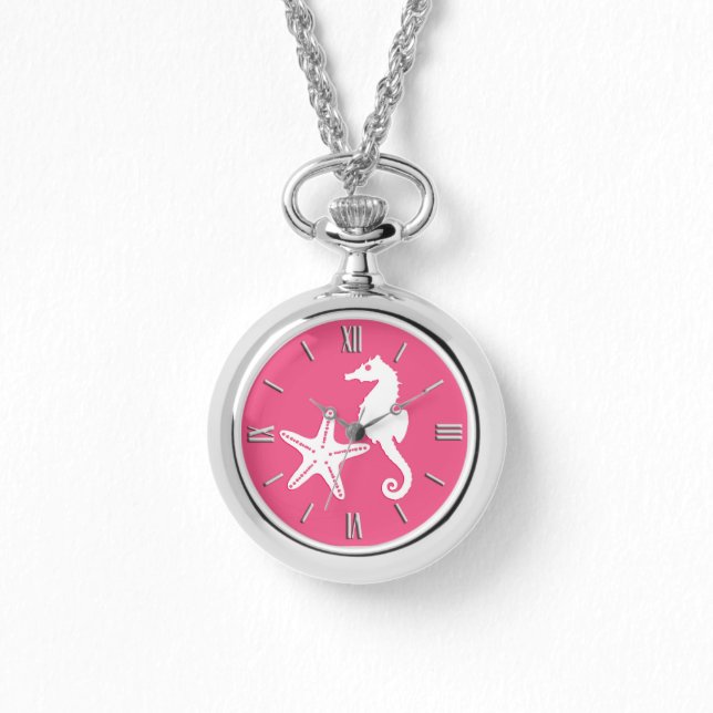Seepferd und Seesterne - Korallenrosa und Weiß Armbanduhr (Vorderseite)