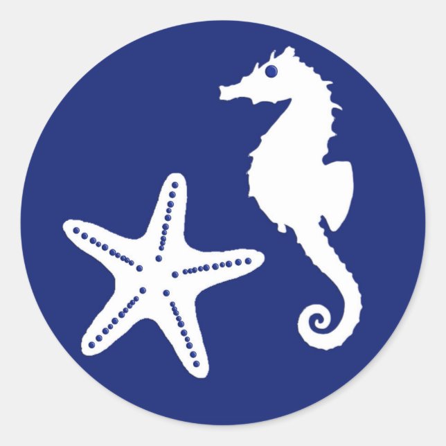 Seepferd und Starfish, blau und weiß Runder Aufkleber (Vorderseite)