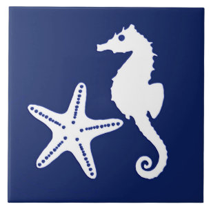 Seepferd und Starfish - Marineblau und -WEISS Fliese
