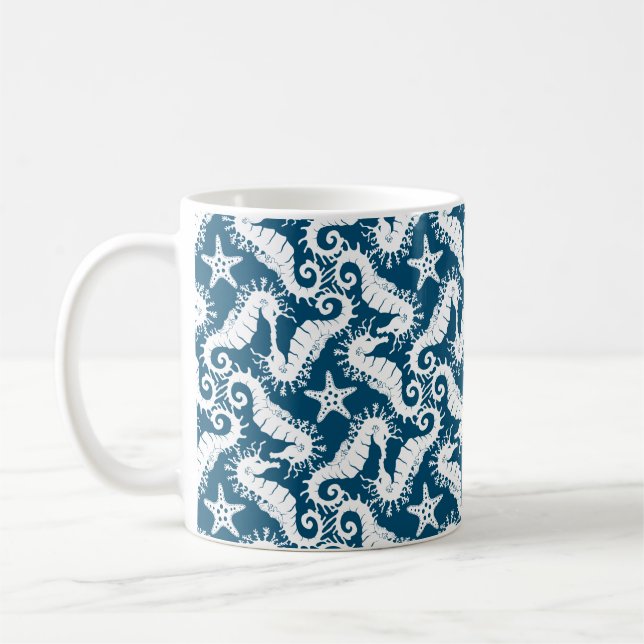 Seepferd und Starfish - Muster der blauen Meereswe Kaffeetasse (Links)