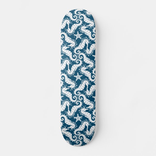 Seepferd und Starfish - Muster der blauen Meereswe Skateboard (Vorderseite)