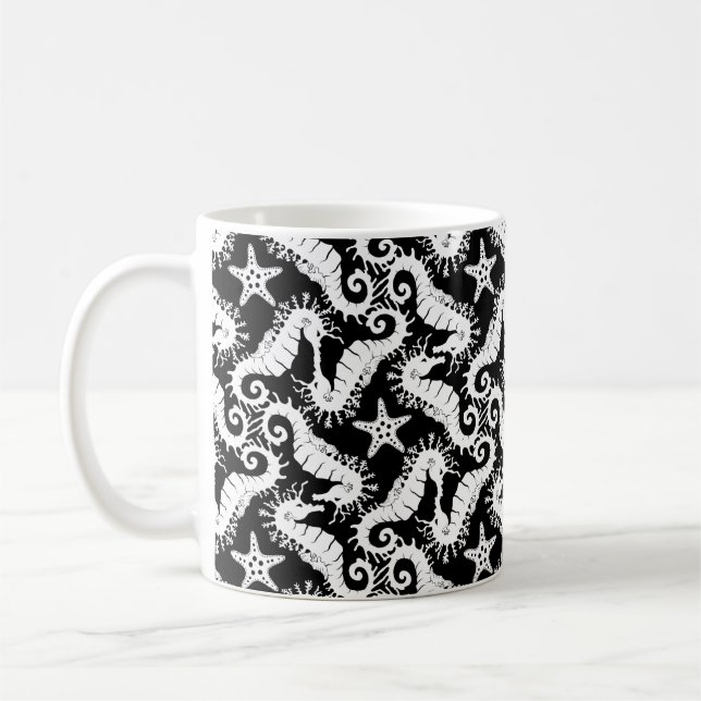Seepferd und Starfish - Schwarzweiß-Muster Kaffeetasse (Links)
