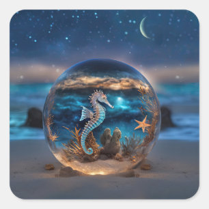 Seepferd und Starfish Unterwasserstrand Surreal Quadratischer Aufkleber