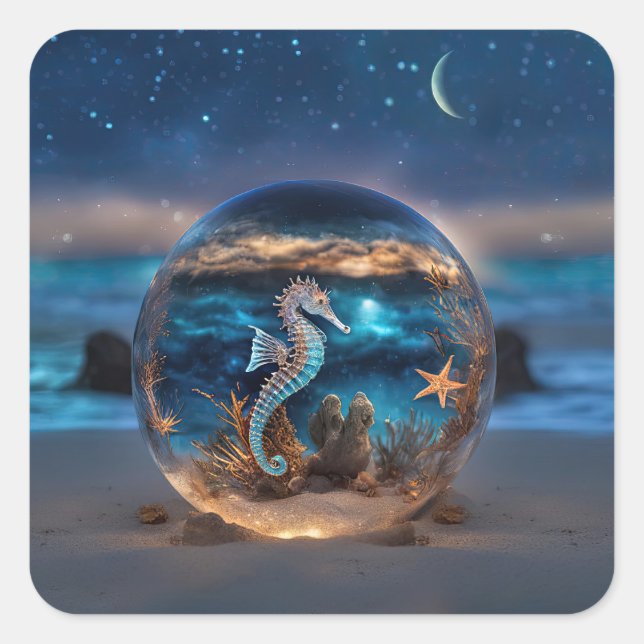 Seepferd und Starfish Unterwasserstrand Surreal Quadratischer Aufkleber (Vorderseite)