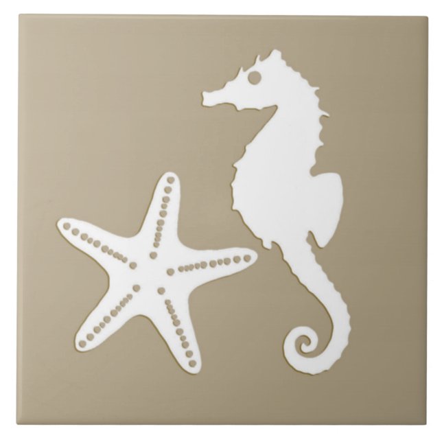 Seepferd und Starfish - Weiß auf Taupe tanqua Fliese (Vorderseite)