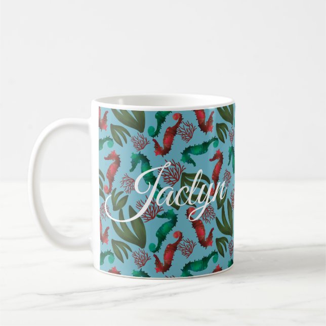 Seepferd Wasserfarbe Nautische Personalisierte Kaffeetasse (Links)