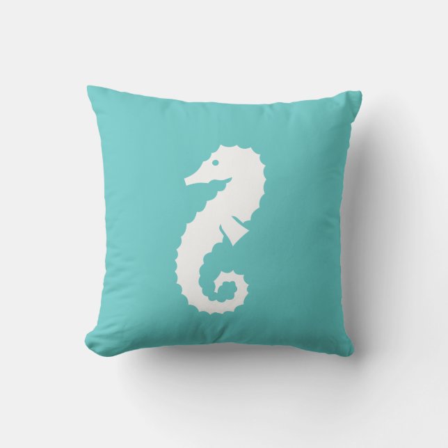 SEEPFERD WHITE auf aquamarinem blauem Kissen (Vorderseite)