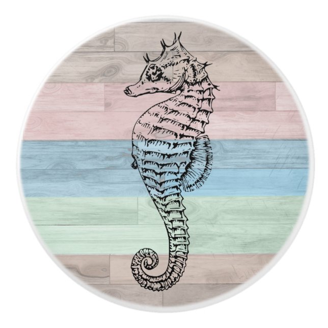 Seepferd Wood Nautical Beach Muscheln Blue Peach Keramikknauf (Vorderseite)