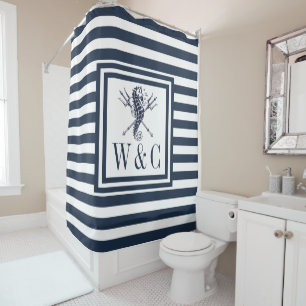 Seepferdchen Monogramm Navy Blau Gestreift Maritim Duschvorhang