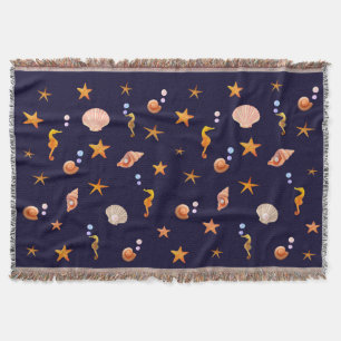 Seepferdchen, Seesterne und Muscheln auf marinebla Decke