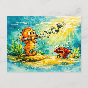Seepferdchen spielt Flöte Cartoon Postkarte