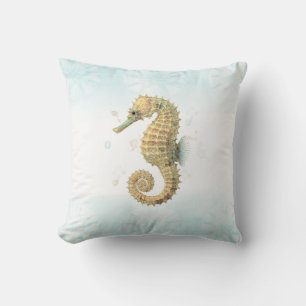 Seepferdchen Teal & Gold Wasserfarbe Küstenstrand Kissen