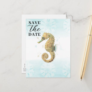 Seepferdchen Türkis & Gold Aquarell Save-the-Date- Ankündigungspostkarte