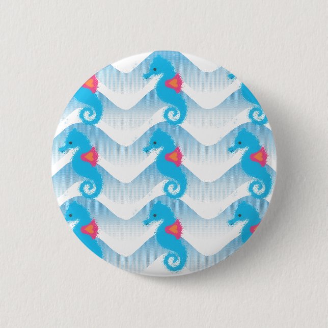 Seepferdchen Und Blaues Wellenmuster Button (Vorderseite)